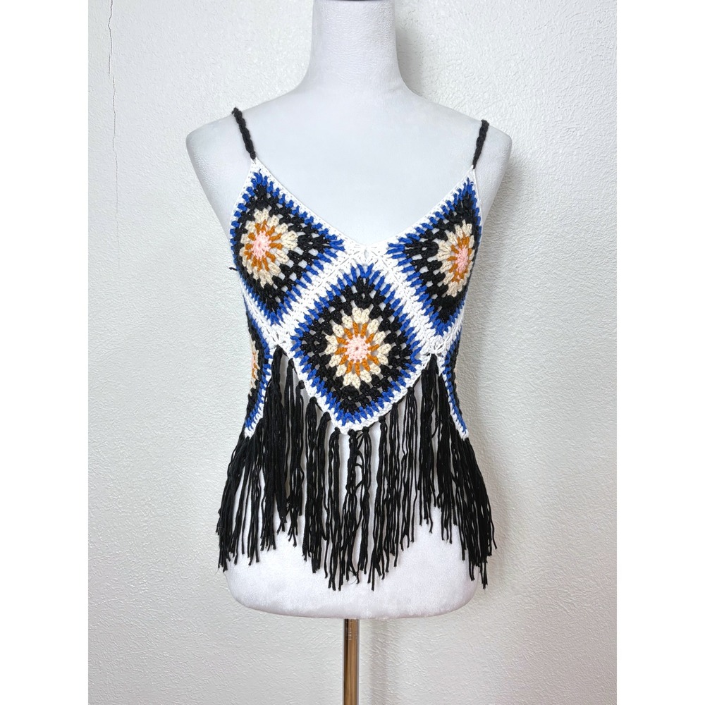 Crochet Granny Square Fringe Cropped Tank Top Shirt Size Medium  Boho Festival